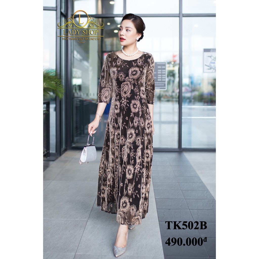 Thời trang trung niên -  Đầm quý bà cao cấp - Ladyshop - Đầm maxi ren nhũ hoa hồng vàng TK502