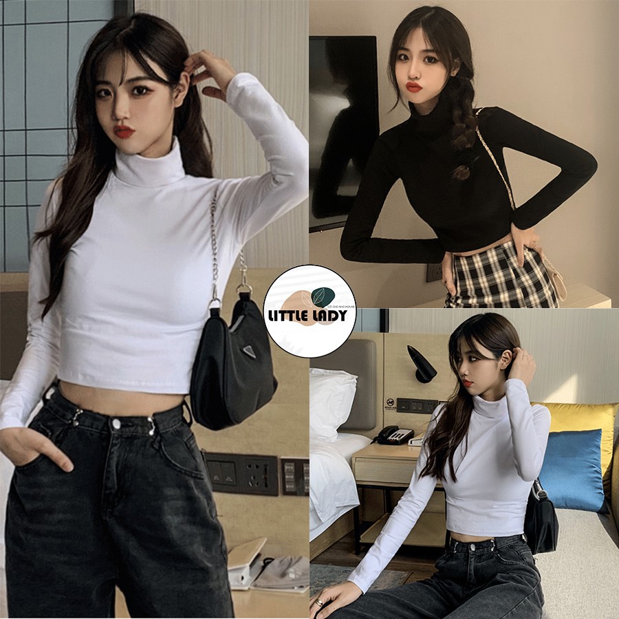 Áo Croptop Tay Dài Cổ Lọ Cá Tính Freesize Màu Trắng "CROPTOP CỔ LỌ"