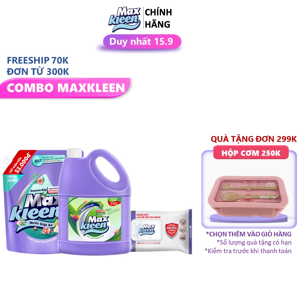 Combo Túi nước giặt xả thiên nhiên 3.6kg + Chai nước lau sàn ban mai 3.6kg + Khăn lau đa năng MaxKleen