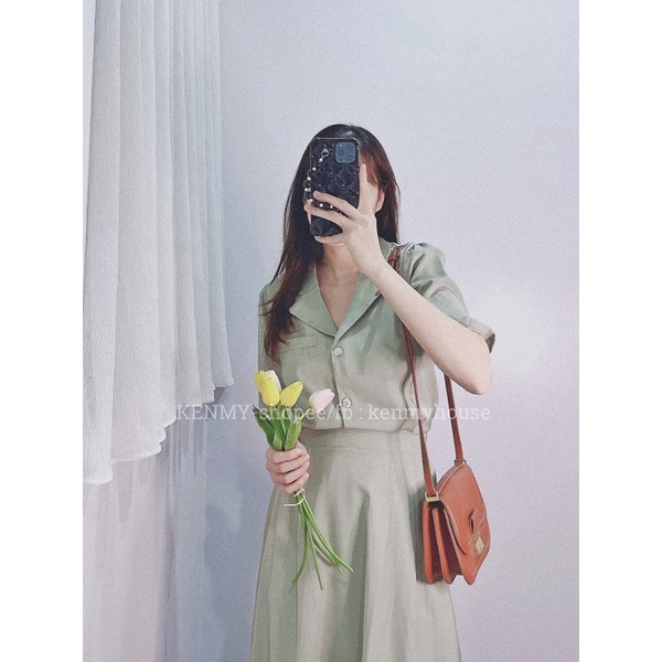 Set áo cổ vest kèm chân váy dài S40