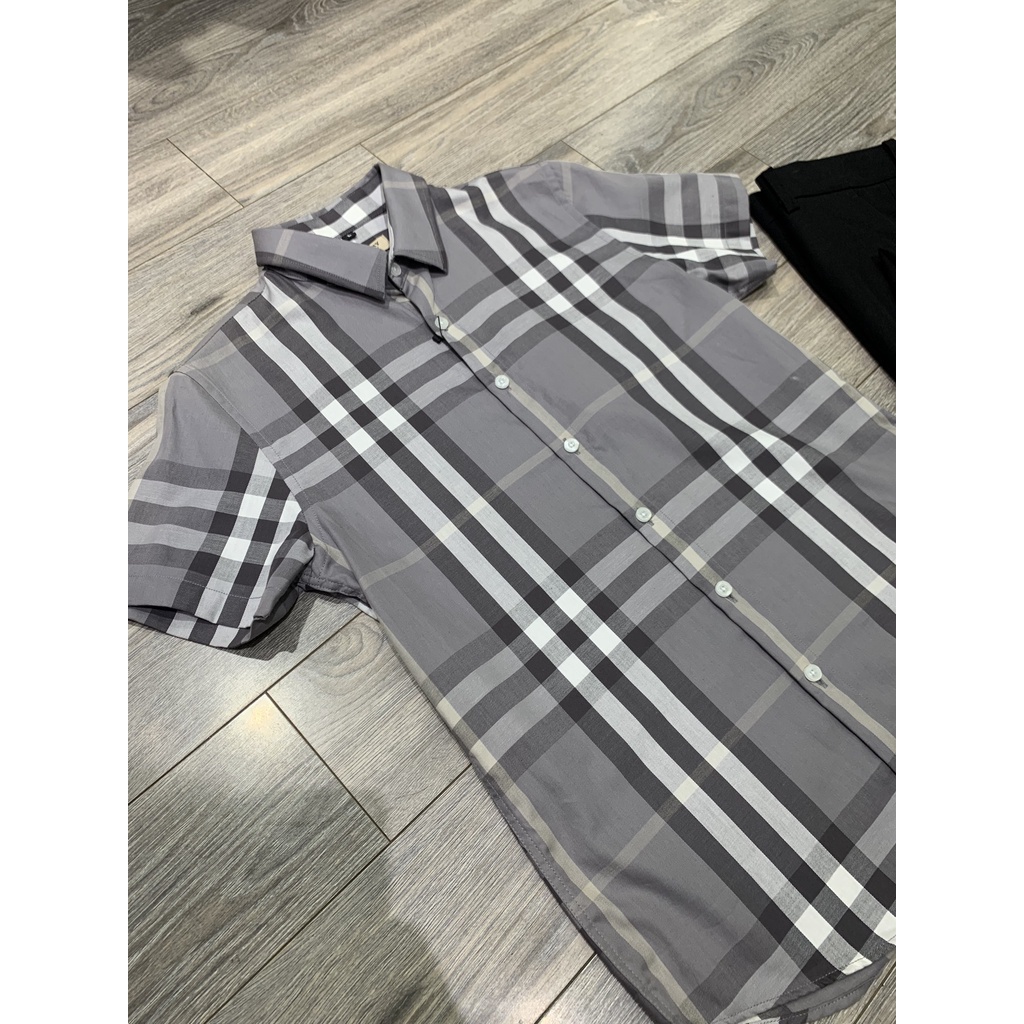 Áo sơ mi BBR ngắn tay họa tiết kẻ nhỏ chất cotton xịn màu ghi sáng