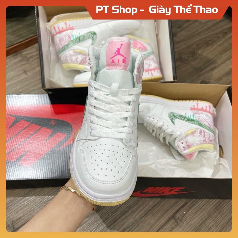 [FreeShip+ Hàng Xịn] Giày Jordan hồng trắng chảy sơn cao cổ , Giầy JD1 hồng trắng mới Full phụ kiện Sneaker