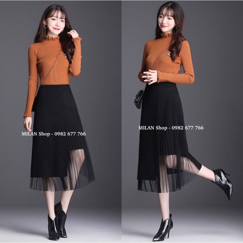 Chân váy len phối ren xếp ly dài qua gối thời trang