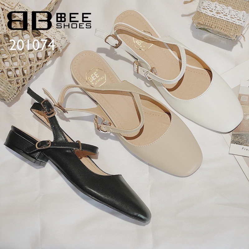 BEESHOES - GIÀY BÚP BÊ NỮ MŨI TRÒN CHẤT DA MỀM- GIÀY HẬU NỮ GÓT TRỤ CAO 3 PHÂN ĐI SIÊU ÊM SẴN MÀU ĐEN-BE-TRẮNG 201074