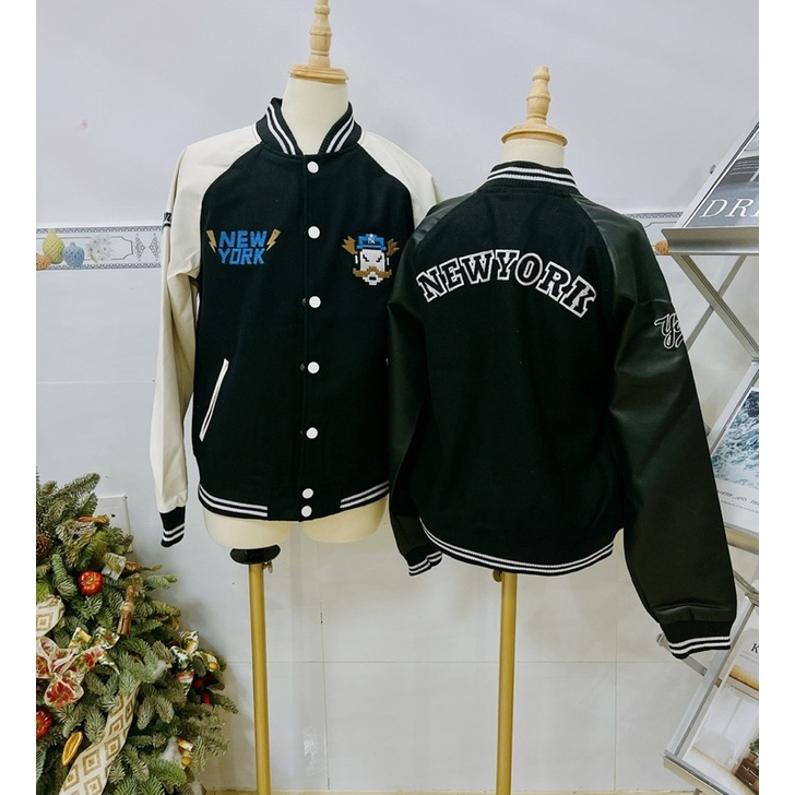 ÁO KHOÁC MLBNY BOMBER VARSITY MARIO TRẮNG ĐEN - KHOÁC NỈ UNISEX NAM NỮ - HÀNG CÓ SẴN