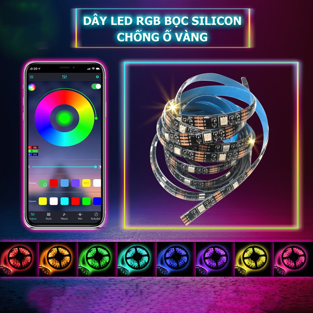 Đèn led Tiktok 3m 5m RGB 16 triệu màu điều khiển bằng điện thoại, nháy theo nhạc, combo dây led đổi màu kèm dây kết nối