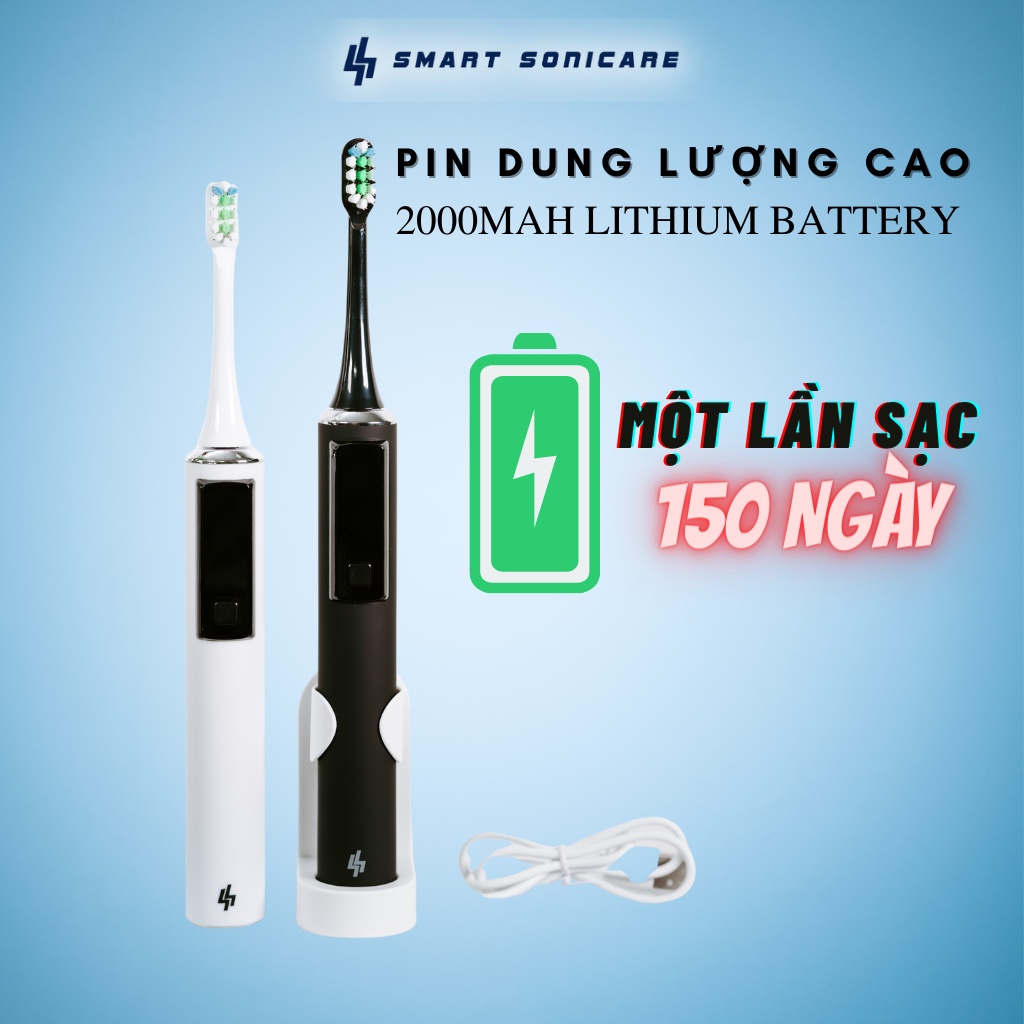 Bàn chải đánh răng điện Smart Sonicare SS-01-TRẮNG- màn hình LED, công nghệ sóng âm cao cấp như Oral B, Philips