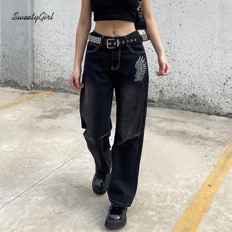 Quần Jean Ống Rộng Lưng Thấp Màu Đen Trơn Thời Trang 2022 Dành Cho Nữ