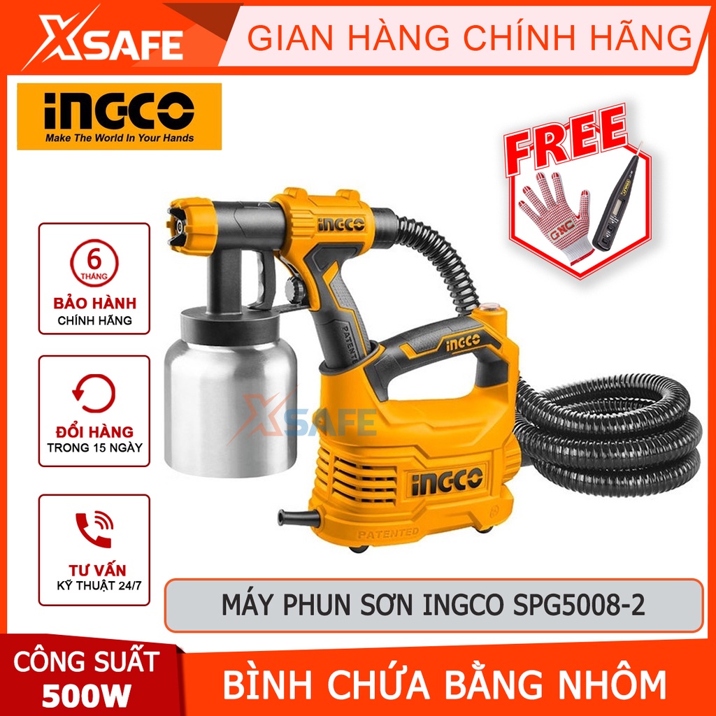 Máy phun sơn cầm tay INGCO SPG5008-2 500W Súng phun sơn điện đầu béc 2.5mm, bình chứa nhôm 800ml - Bảo hành 6 tháng