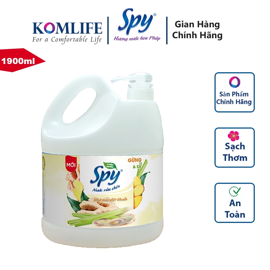 Nước rửa chén bát SPY thiên nhiên 1900ml hương Quế, Gừng Sả