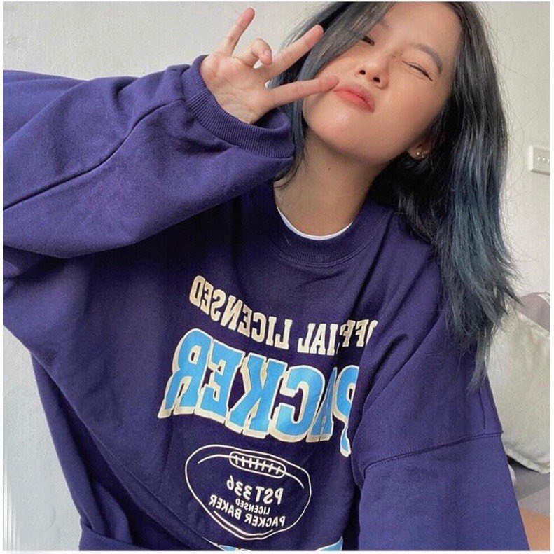 Áo Sweater Nữ Dài Tay PACKER Áo Nỉ Tăm Cổ Tròn Màu Xanh Form Rộng Unisex Cá Tính | BigBuy360 - bigbuy360.vn