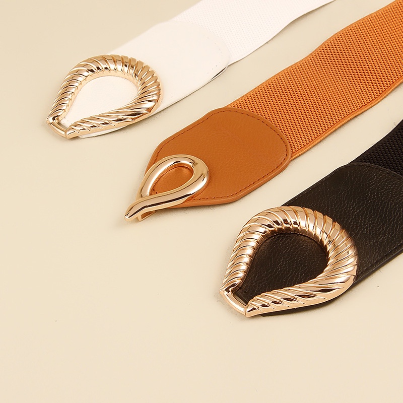 Thắt Lưng Da PU Bản Rộng Co Giãn Phối Khóa Cài Vàng Thanh Lịch Cho Nữ
