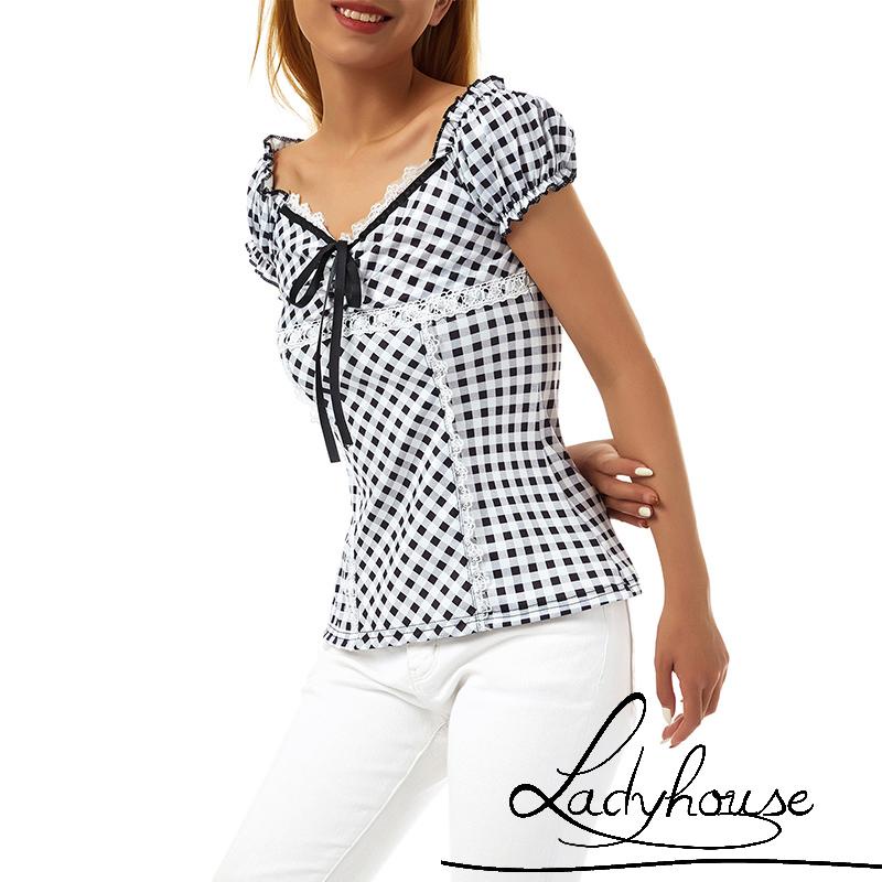 Ld-áo Thun Tay Ngắn Cổ Chữ U Viền Ren Kẻ Sọc Caro Thời Trang Mùa Hè Cho Nữ Size S/M/L