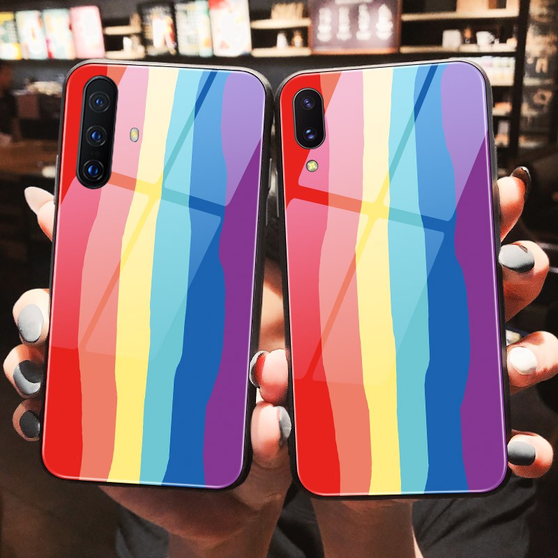 Ốp OPPO A12 A12E A52 A72 A92 A9 A5 2020 Case Colorful Rainbow Stripes Transparent Tempered Glass Cover Ốp OPPO A31 A5S A7S F11 Pro f7 F9 F1s A83 Protection Phone casing