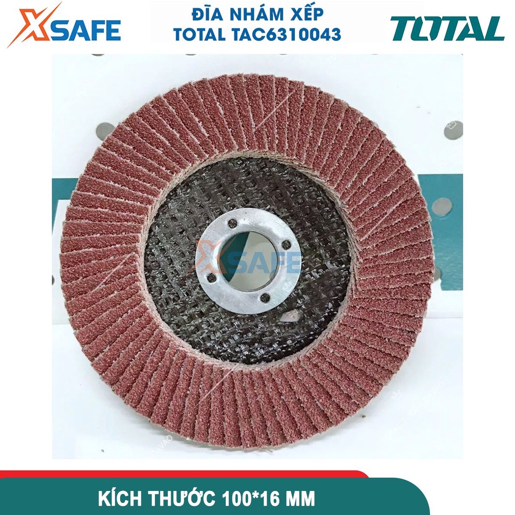 Đĩa nhám xếp TOTAL TAC6310043 độ nhám 100P, kích thước 100x16mm, dùng làm nhẵn mặt phẳng, góc cạnh kim loại, thép, gang