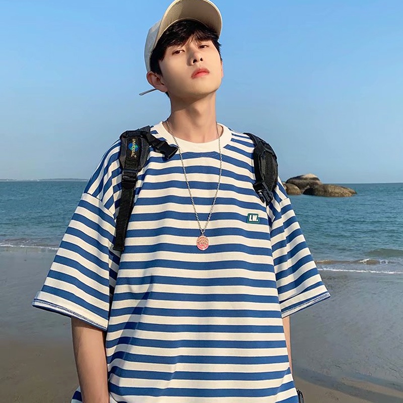 Áo Thun Tay Ngắn Dáng Rộng Họa Tiết Kẻ Sọc Phong Cách Vintage Thời Trang Hàn Quốc Cho Nam Size M-4Xl