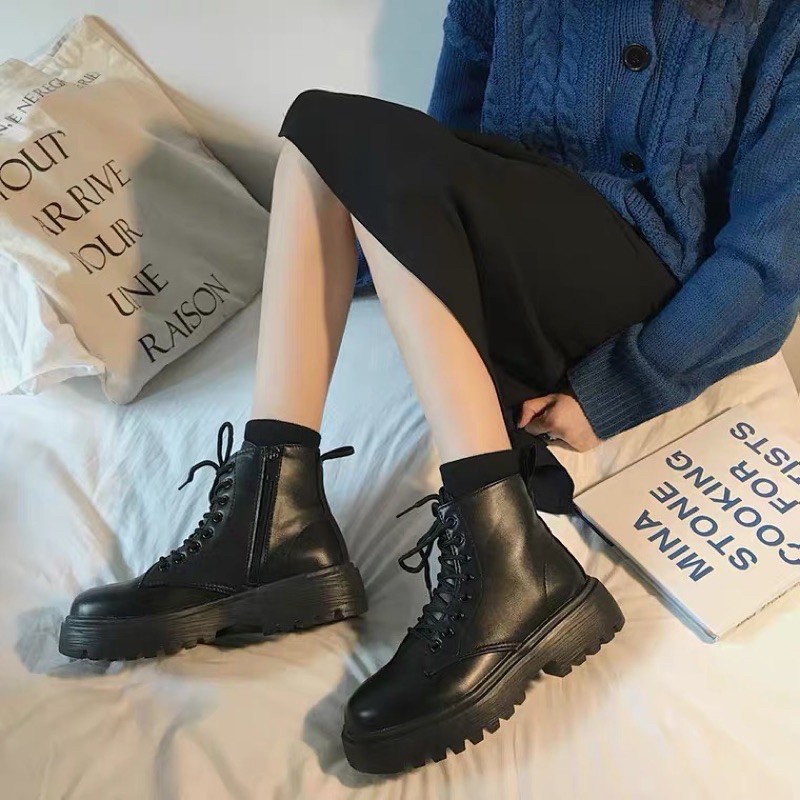 [ORDER] Giày Boots Nữ Khóa Kéo Buộc Dây Màu Đen Phong Cách Trẻ Trung Thời Trang🍒🍒