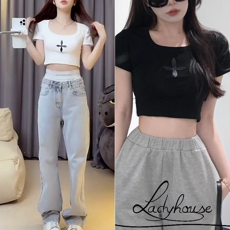 Áo Thun Croptop Tay Ngắn Dáng Ôm In Họa Tiết Chéo Thời Trang Cho Nữ