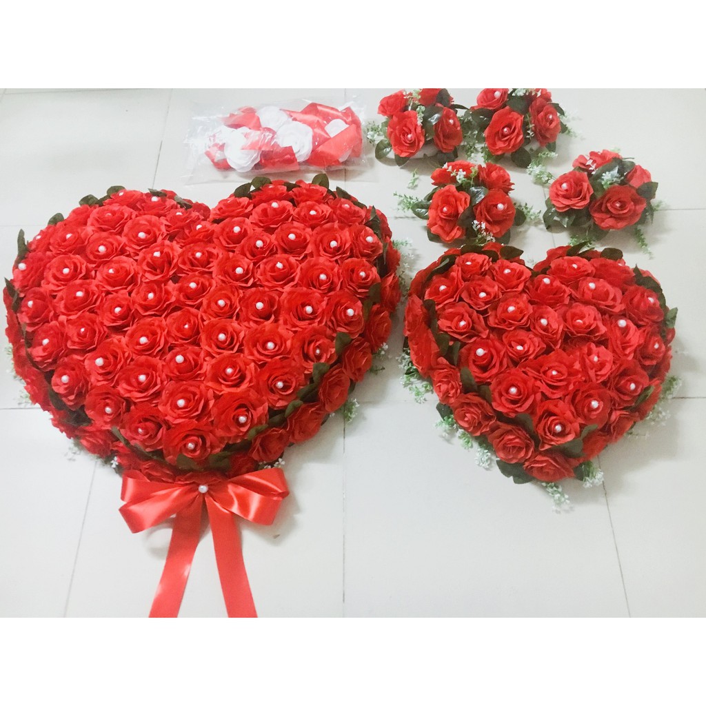 Hoa cưới trang trí xe dâu mẫu hình trái tim SIÊU TO đế nam châm( hoa hồng đỏ), cam kết hình thật 100%