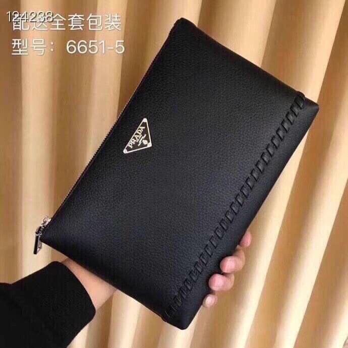 Túi Cầm Tay Nam Da Bò Cao Cấp - Clutch Nam PRADA Đen Hợp Thời Trang