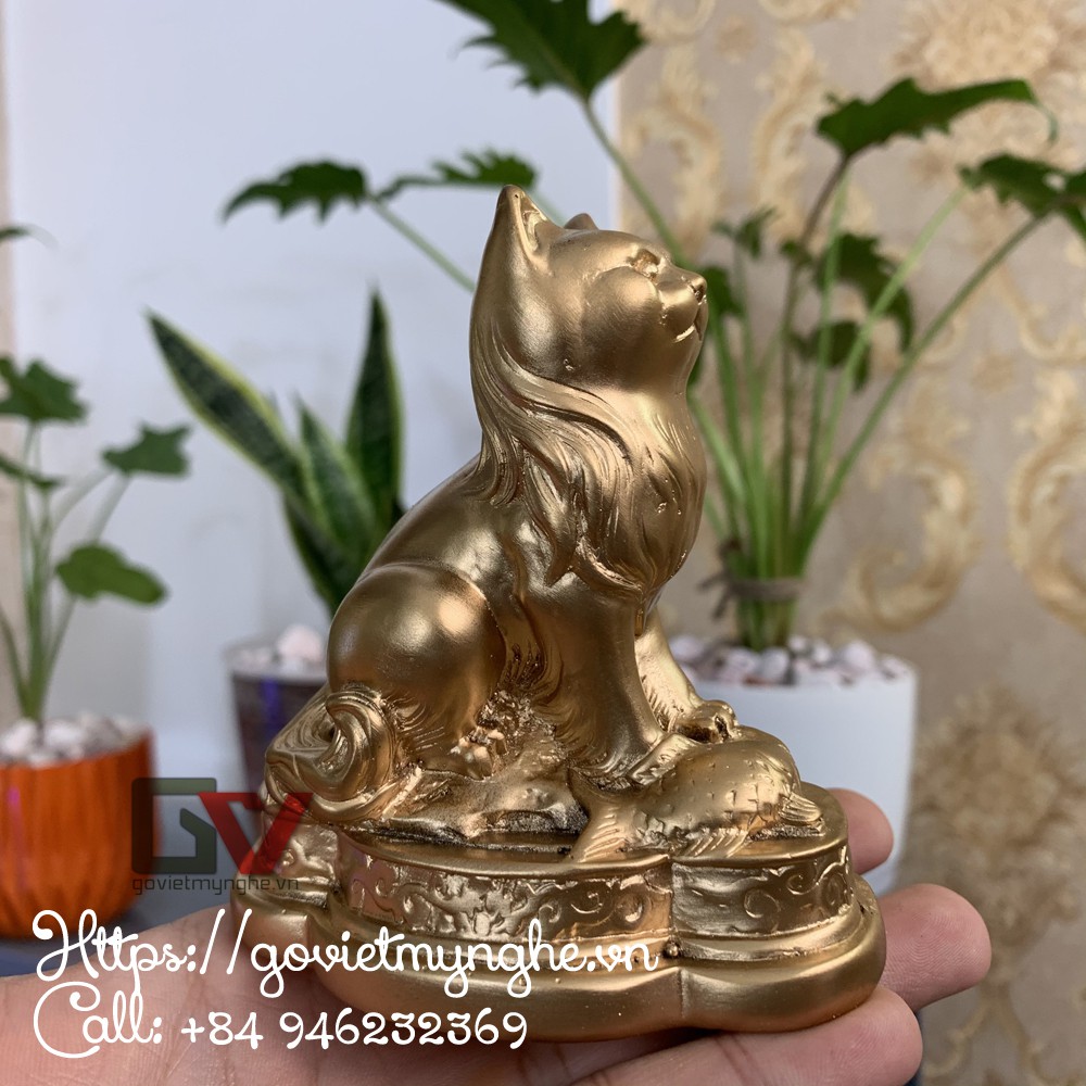 Tượng đá con Mèo cát tường trang trí phong thủy bàn làm việc - Cao 10cm - Màu nhũ đồng