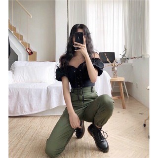 Áo bẹt vai xỏ dây chất kate Nhật mềm mịn, mát- giá sĩ- khosigiahuy
