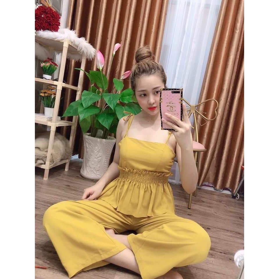 Sét Bộ Voan Áo Hai Dây Bo Bụng Phối Quần Ống Rộng Nữ Tính TTSLA0299
