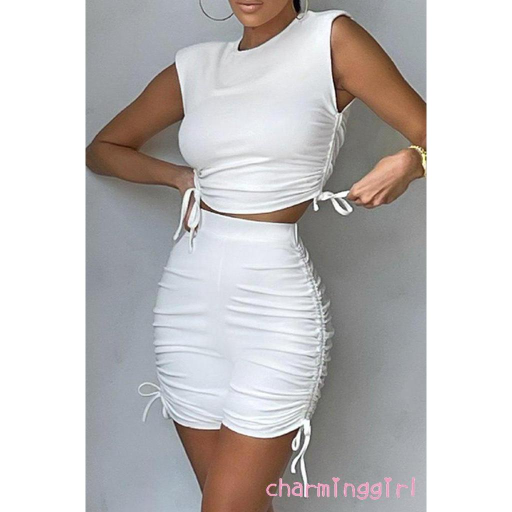 Set Áo Lửng Sát Nách Và Quần Short Lưng Cao Thời Trang Dành Cho Nữ