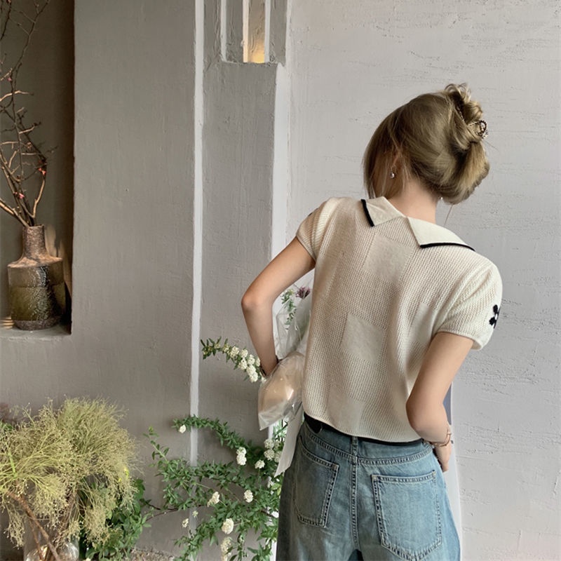 Áo Polo Dệt Kim Mỏng Tay Ngắn Thêu Hoa Khoét Lỗ Phong Cách Phương Tây Cho Nữ  tao bao