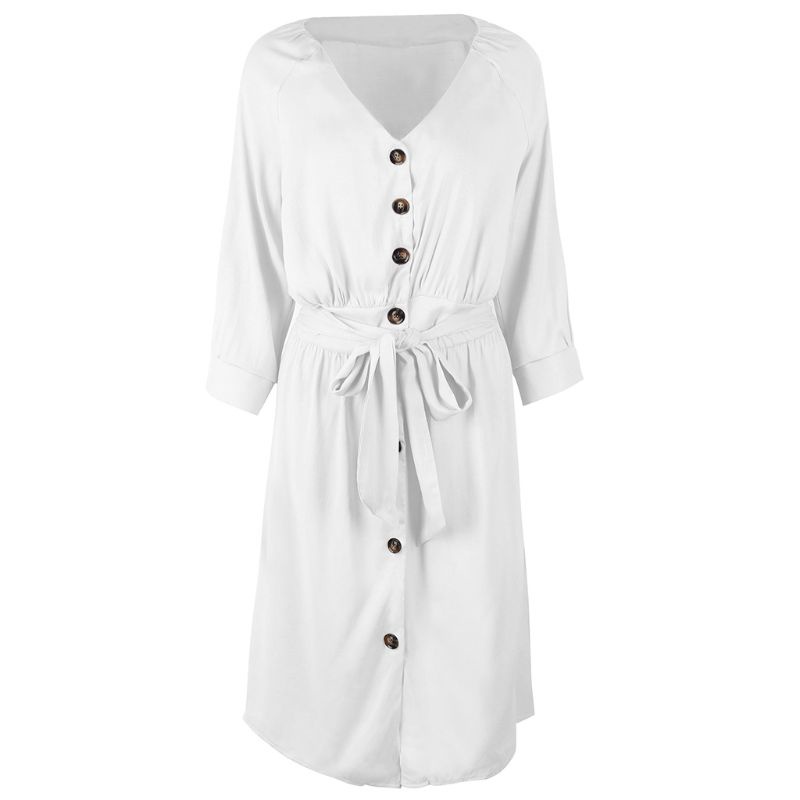 Xiangbao Đầm Dài Dáng Rộng Tay Lửng Cổ Chữ V Màu Trơn Buộc Dây Cài Nút Cho Nữ