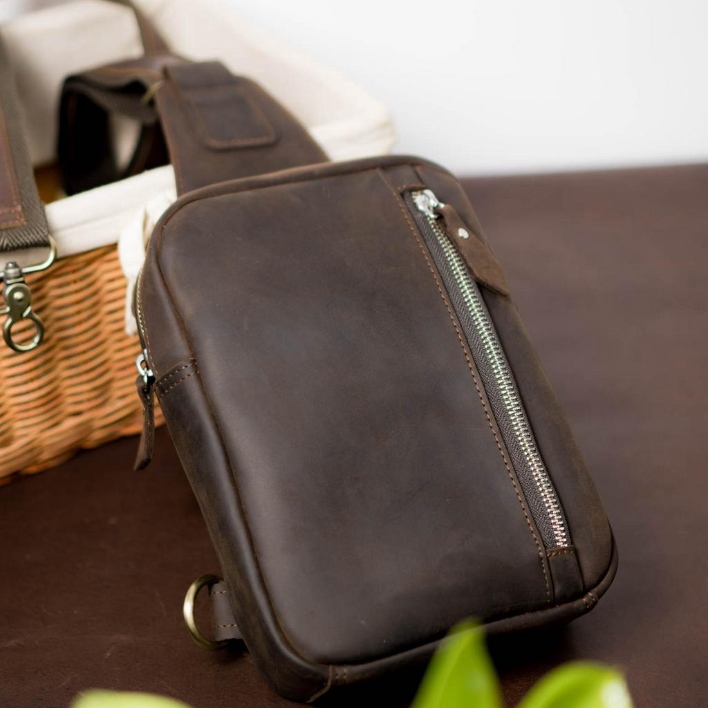 Túi đeo chéo da bò thật, da nhập khẩu cao cấp Basic nâu đen - Manuk Leather design