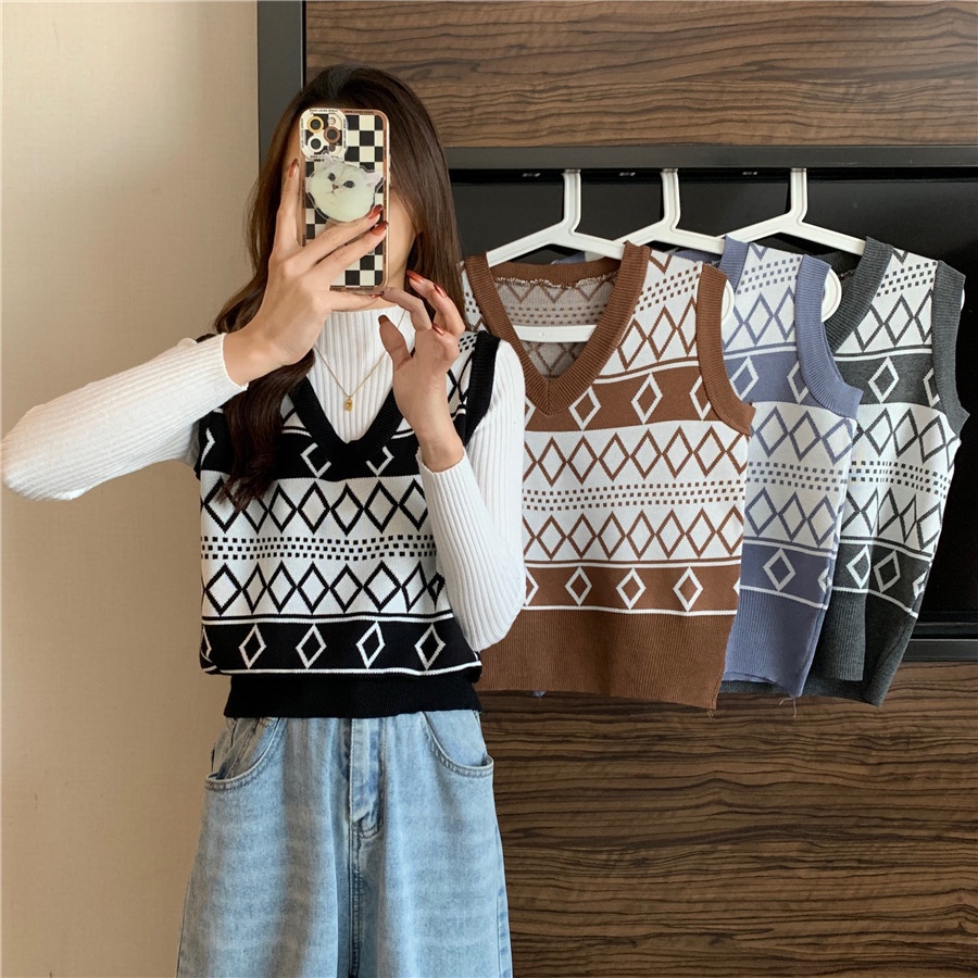 Áo Len Không Tay Cổ Chữ v Form Rộng Phong Cách Hàn Quốc