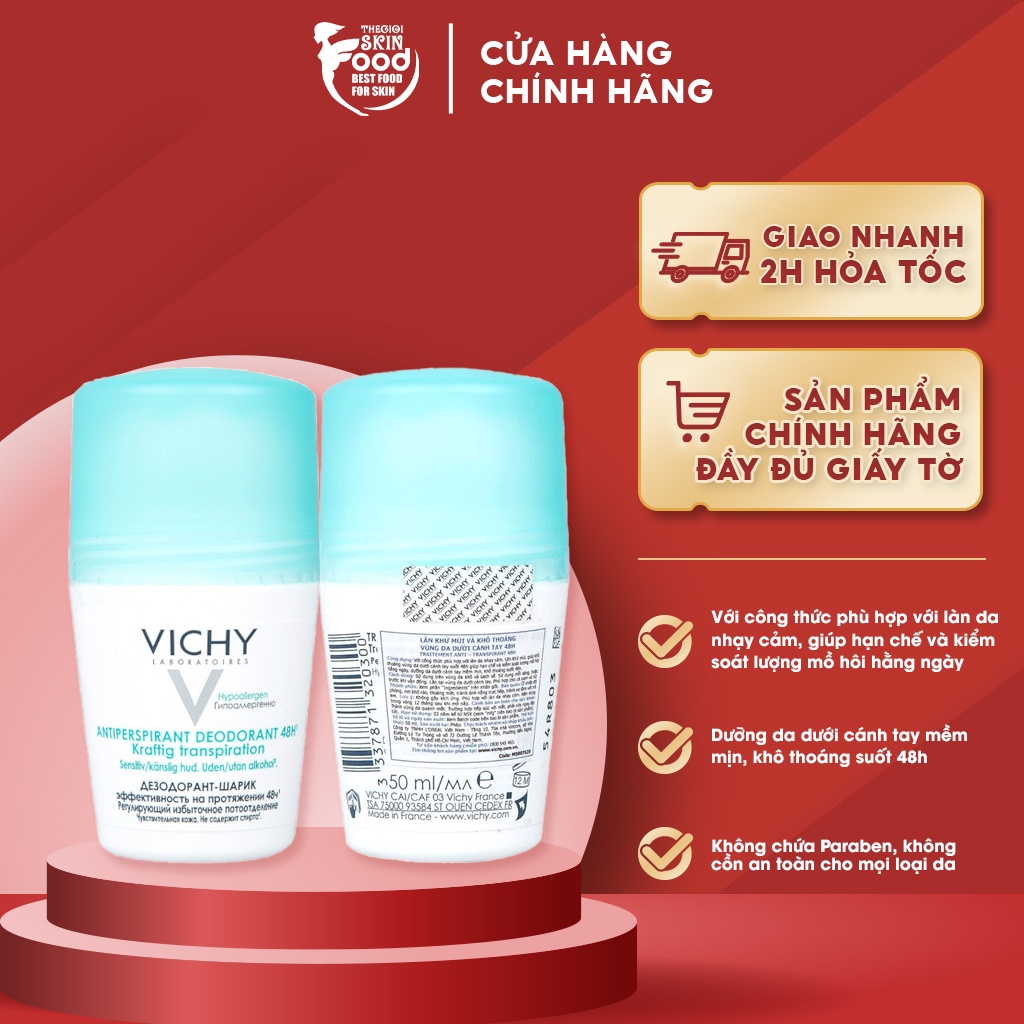Lăn Khử Mùi Mồ Hôi Dưới Cánh Tay, Giữ Khô Thoáng Suốt 48h Cho Da Nhạy Cảm Vichy Traitement Anti-Transpirant 48h 50ml