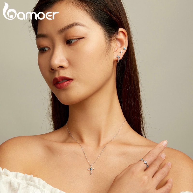 Bông tai BAMOER bạc 925 hình chữ thập/mặt trời thời trang cho nữ