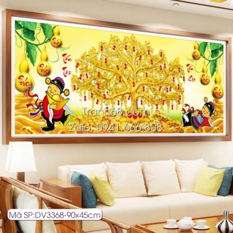 Tranh Thêu Chữ Thập LAVENDER 3D Cây Kim Tiền Tấn Tài Tấn Lộc LV3368 - LV3369 kích thước 90x45cm - 130x60cm, hàng chuẩn