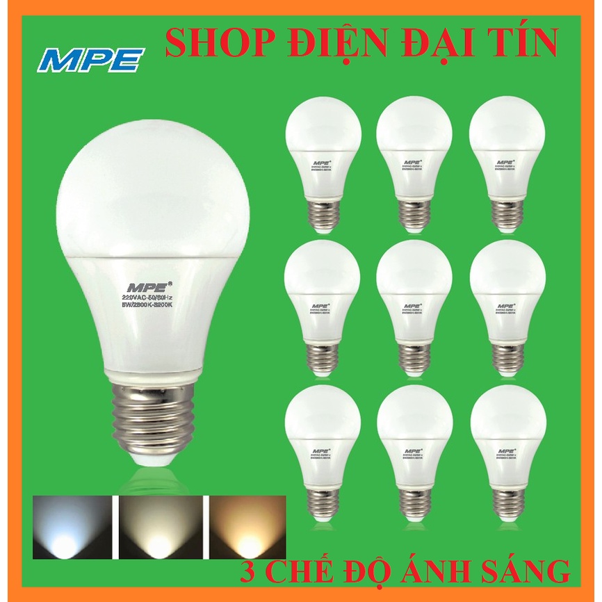 Bóng Đèn LED Bulb đổi 3 Màu 9W MPE (Trắng/ Vàng/ Trung tính)