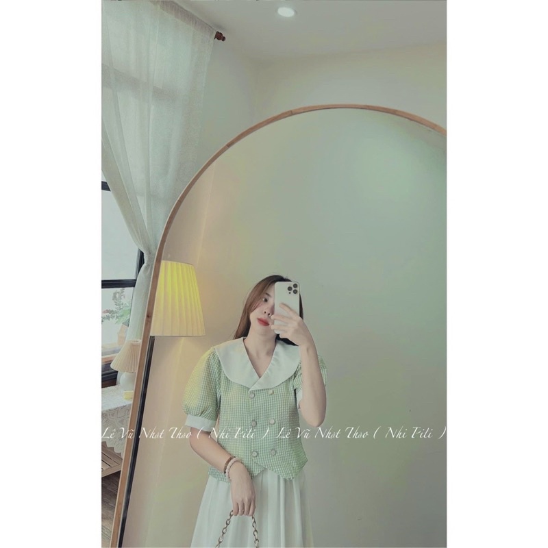 SÉT ÁO VÁY KẺ Ô CỔ SEN ÁO CHẤT ĐŨI NHĂN KẺ Ô XANH NGỌC HÀNG L1