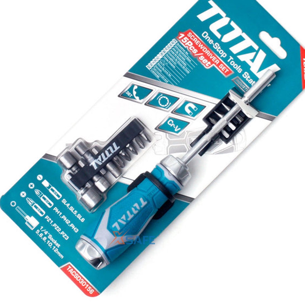 Bộ tua vít 15 đầu TOTAL TACSD30156 nhỏ gọn, đa năng, chất liệu CR-V chịu được lực cao, 2 chiều tự động - chính hãng