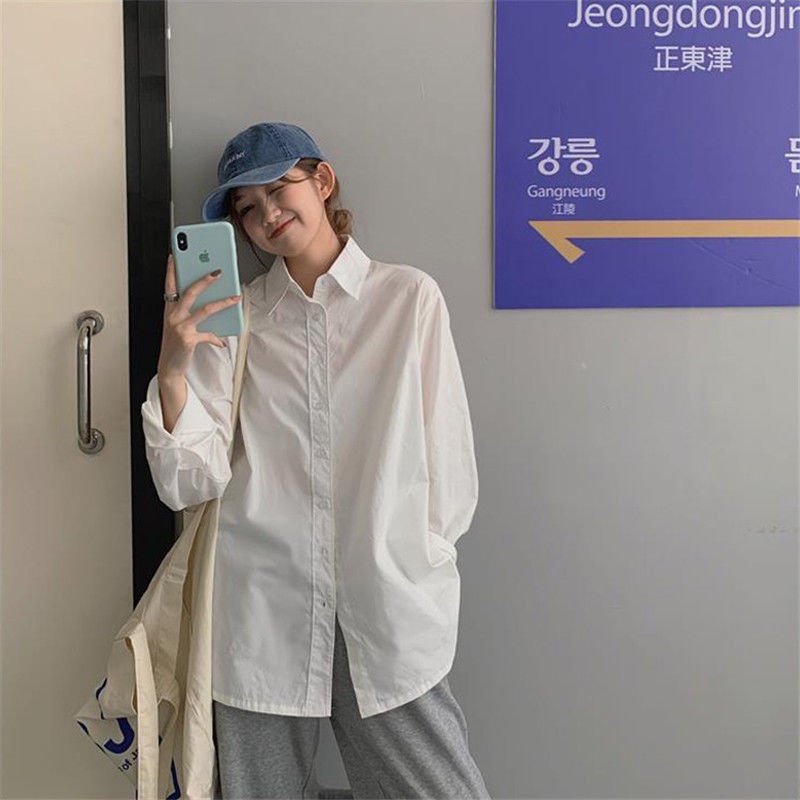 Áo sơ mi cho nữ tay dài dáng rộng phong cách Hàn Quốc