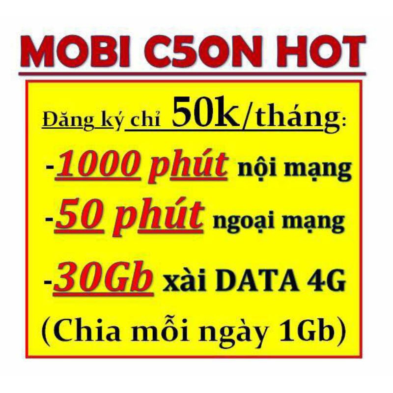 Bán Sim 4G Mobi C50N - 50k/tháng = 30Gb + 1000 phút nội mạng + 50 phút ngoại mạng