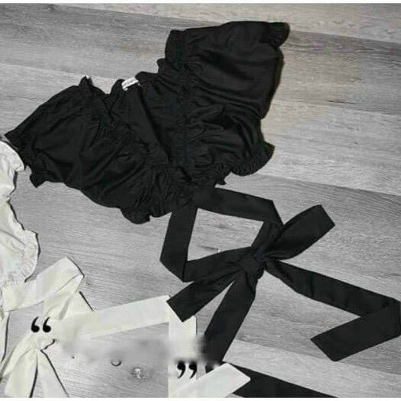 Áo Croptop Von Mẫu Siêu Hot Cổ Chữ V Ngắn Tay Kèm Dây Cột Đằng Trước Xinh Xắn TTSLA0684