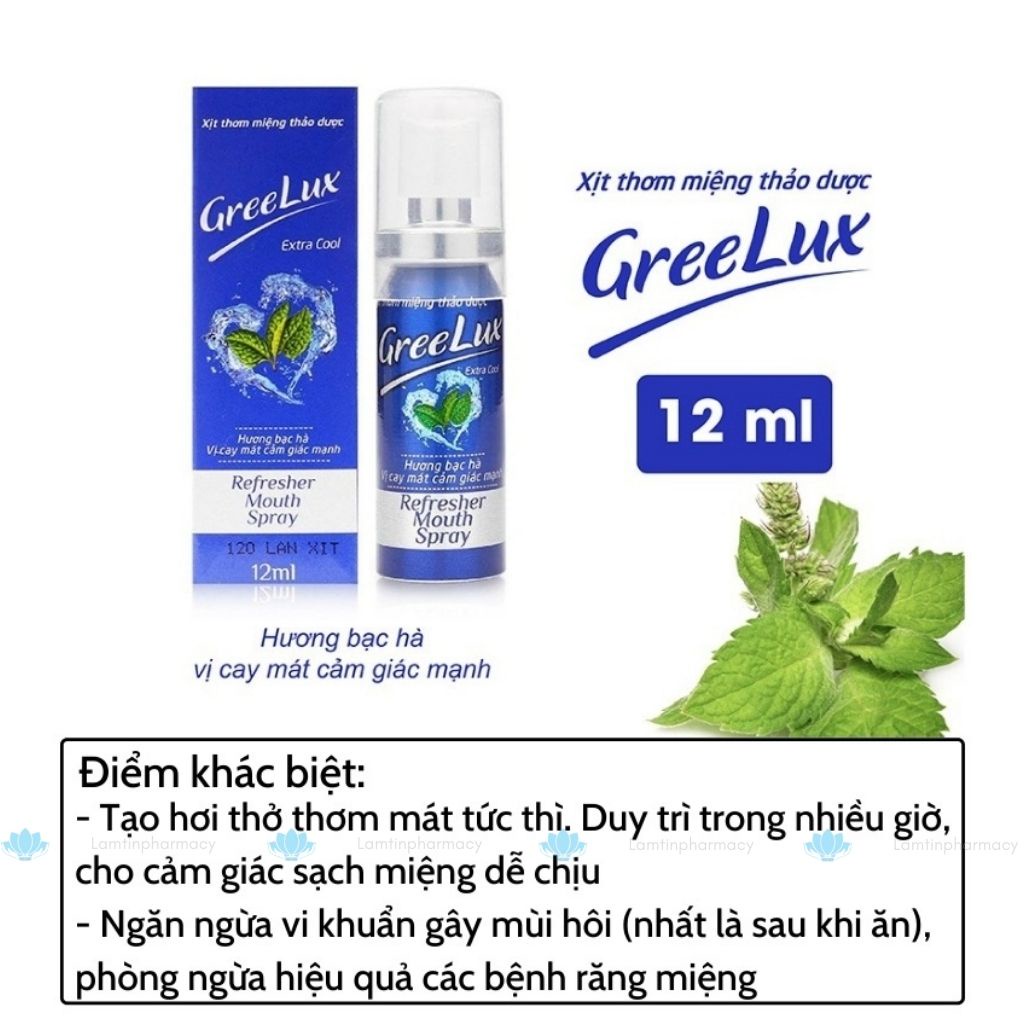 Xịt Thơm Miệng Greelux Extracool Thảo Dược 12ml (vị cay mát lạnh) - Nước Khử Mùi Hôi Miệng Greelux Vị Bạc Hà Bình Mini