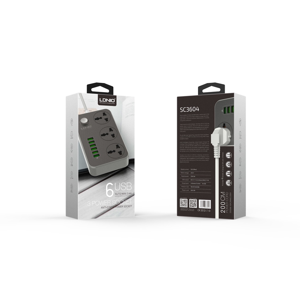 Ổ cắm điện kèm cổng USB cao cấp tự động chỉnh dòng ra, phích cắm EU cho Việt Nam LDNIO SC3301 SC3604 Đen dây dài 2m