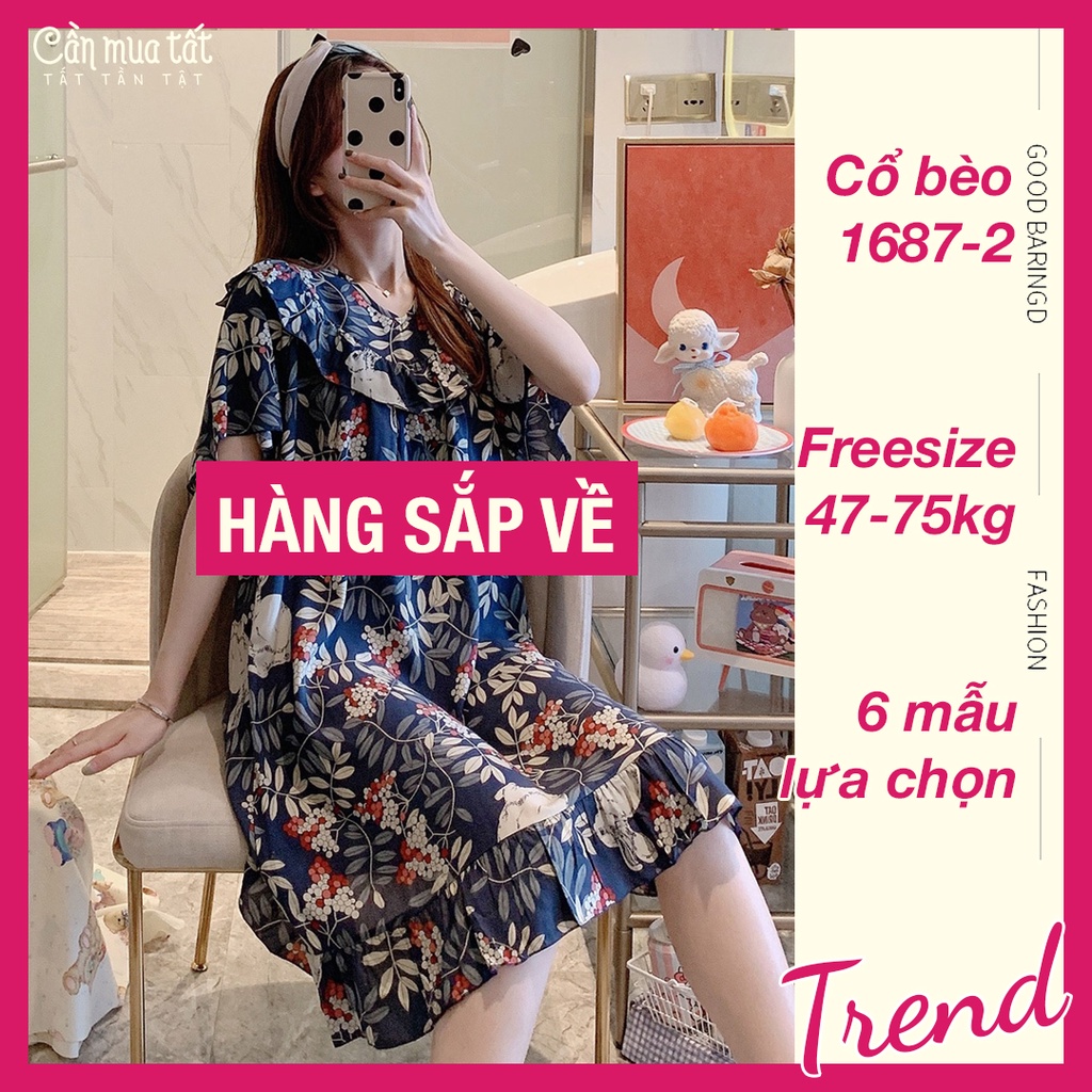 Váy ngủ tay ngắn nữ cổ bèo freesize, đầm bầu đẹp chất lanh lụa cotton nhẹ mềm mát 1687-2