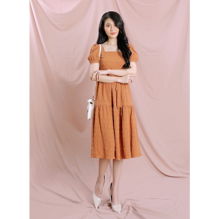 Đầm nữ cổ vuông, tay bồng, thắt nơ eo, thiết kế cao cấp TK FASHION DK911