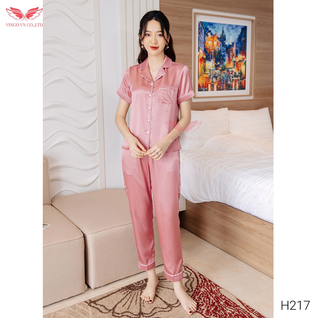 Bộ Đồ Ngủ Mặc Nhà Vingo Pyjama Nữ Tay Cộc Quần Dài Lụa Trơn Cao Cấp Phối Viền Thanh Lịch H217 VNGO | WebRaoVat - webraovat.net.vn