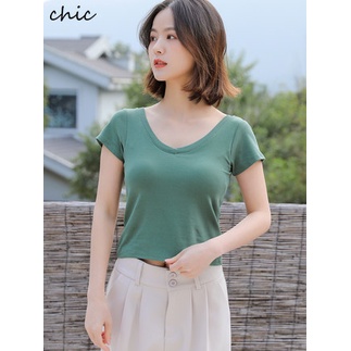 Áo Thun Co Giãn Cổ Chữ V Màu Trơn Có Đệm Ngực Cho Nữ