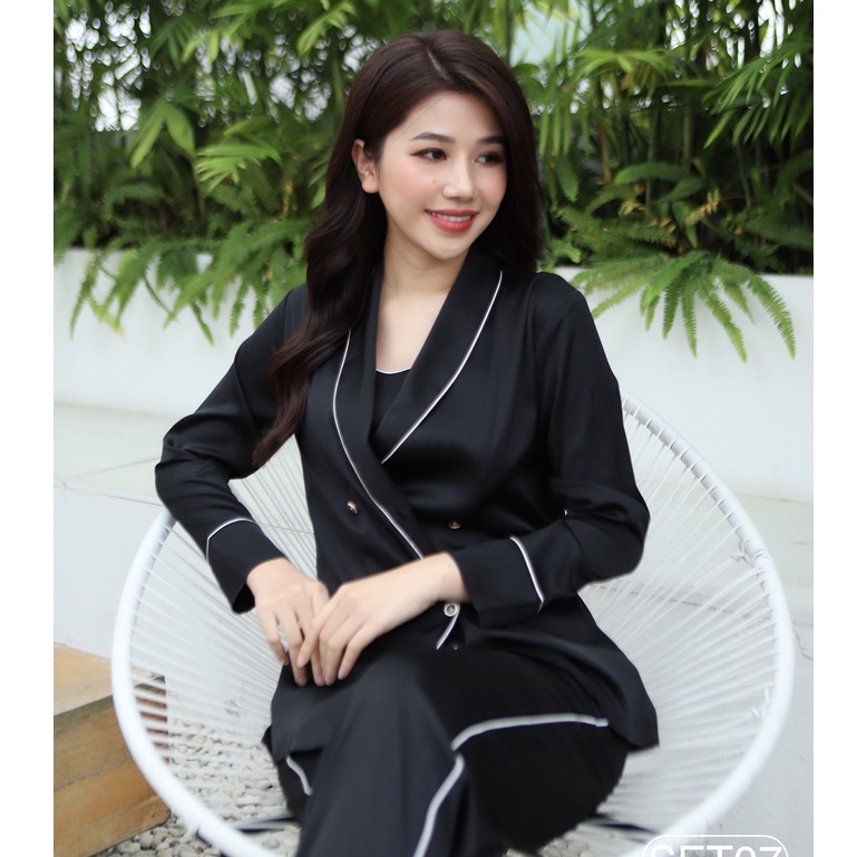 Bộ mặc nhà satin ZAM Luxury - SET07 - áo dài tay quần dài đen trơn