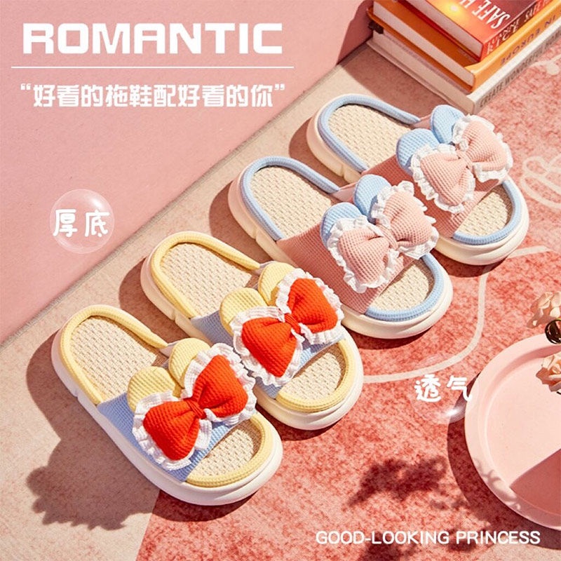 Dép Cotton Lanh Đế Dày Đính Nơ Chống Trượt Thời Trang Mùa Hè Cho Nữ