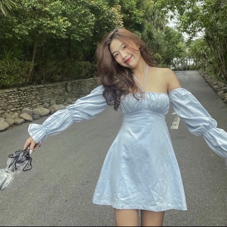 🦋đầm xanh cổ yếm rớt vai cutout lưng bo chun🦋